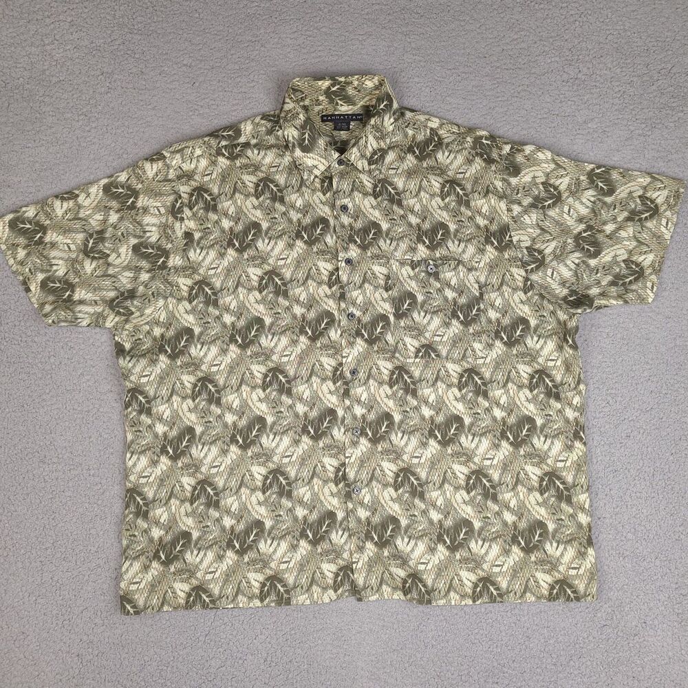 Vintage Manhattan Hawaiian Shirt Mens XL Green Leaves Rayon Button‎ Up